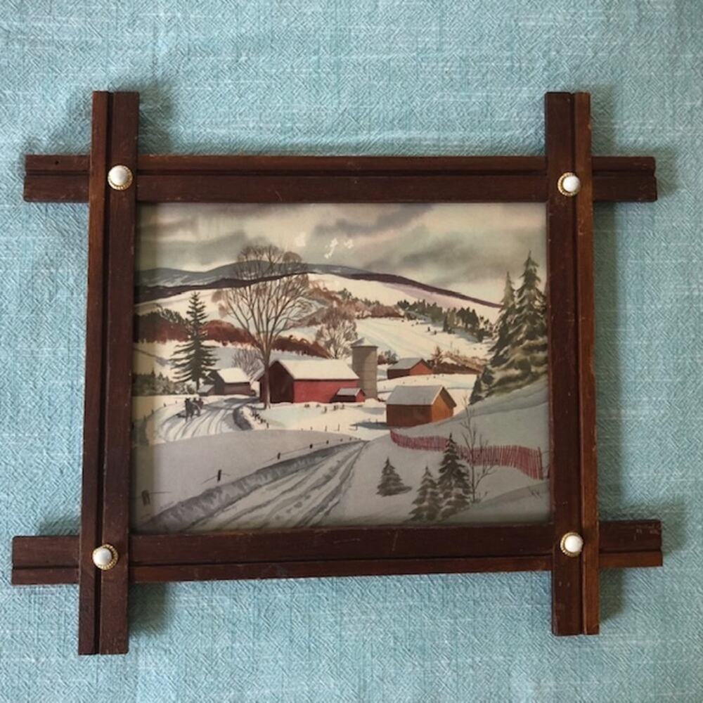 Vintage Rural Winter Scene Wall Art in Wooden Frame w/ Porcelain Buttons